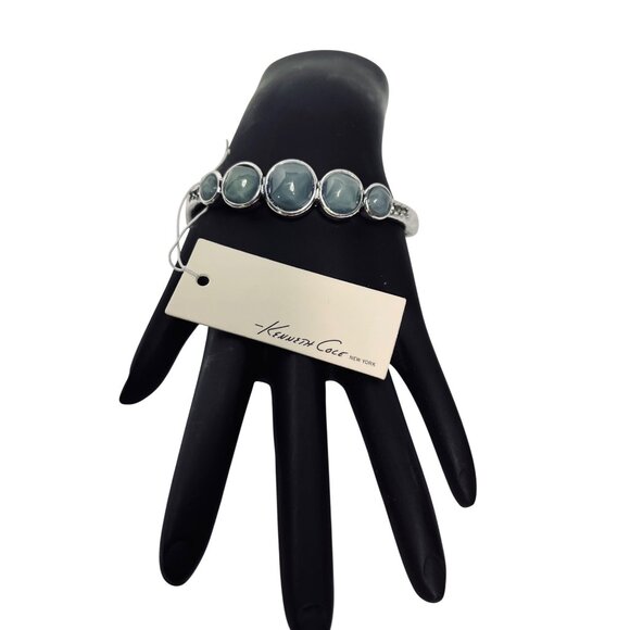 Kenneth Cole Jewelry - Kenneth Cole Silver Tone And Blue Moonglow Hinged Clamper Bangle Brace (6230)